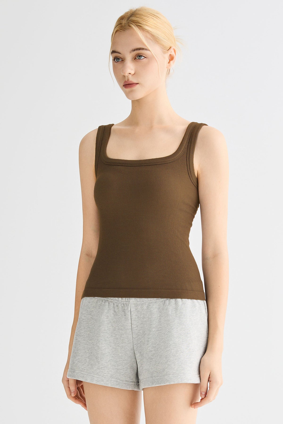 Padded Ribbed Wide-Strap Crew Tank