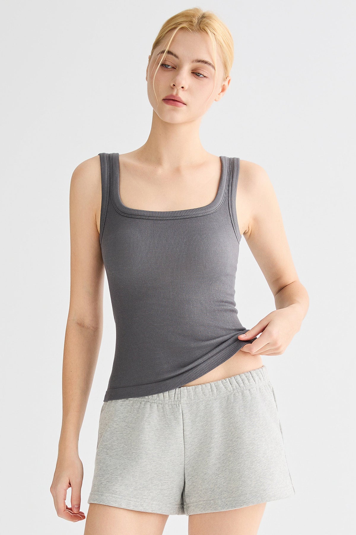Padded Ribbed Wide-Strap Crew Tank