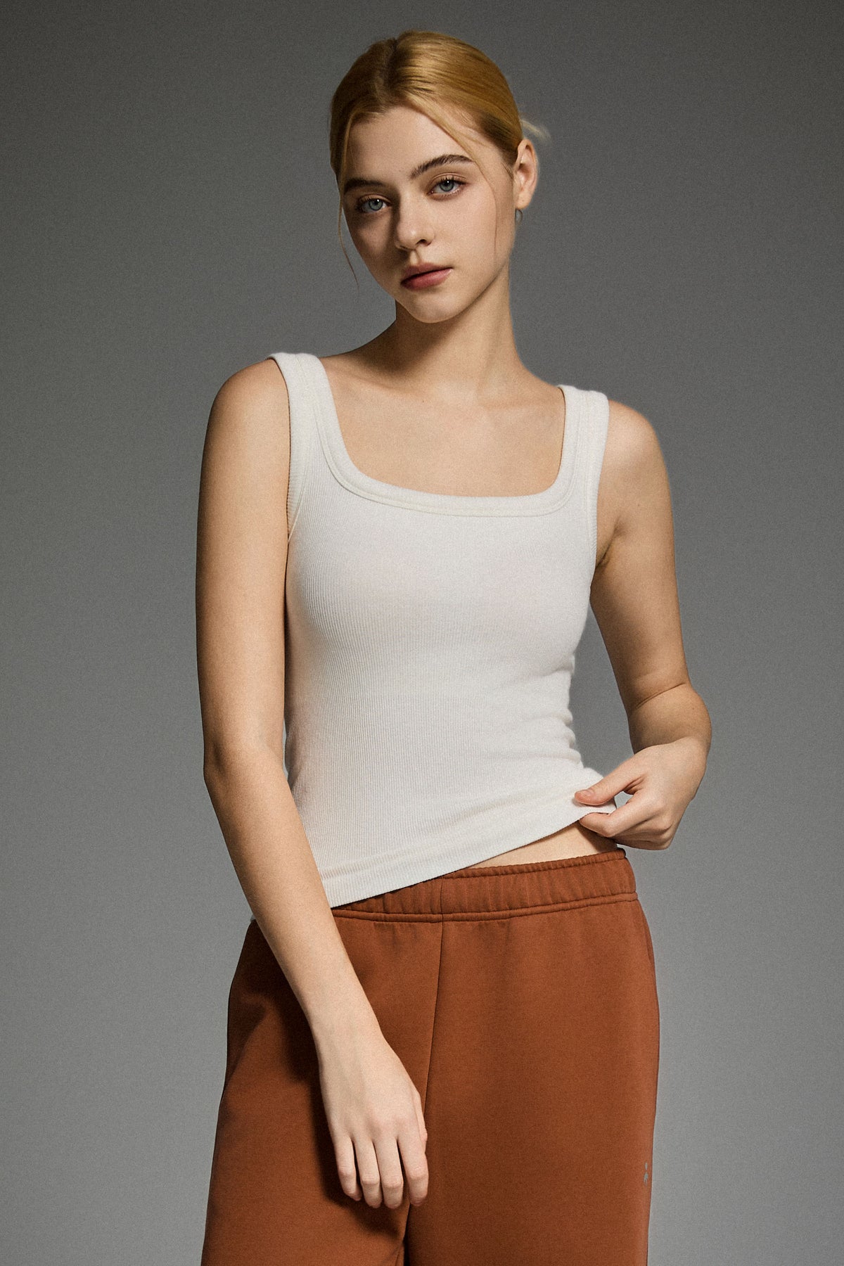 Padded Ribbed Wide-Strap Crew Tank
