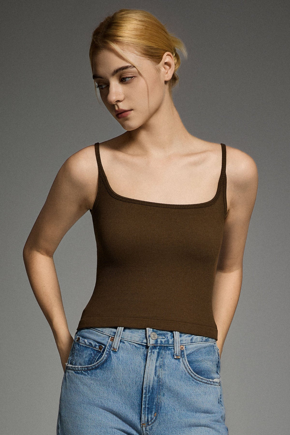 Padded Ribbed Square Neck Tank