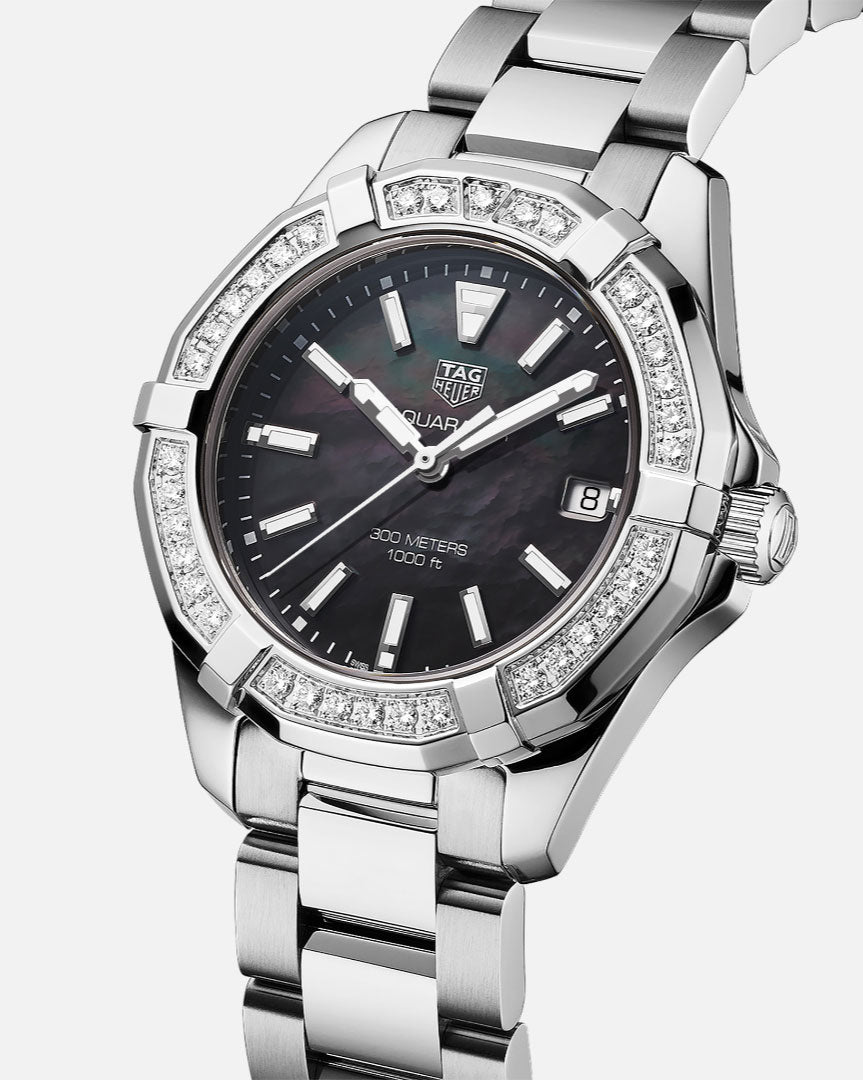 Tag Heuer Aquaracer Quartz Diamonds Black Dial Silver Steel Strap Watch for Women - WAY131P.BA0748
