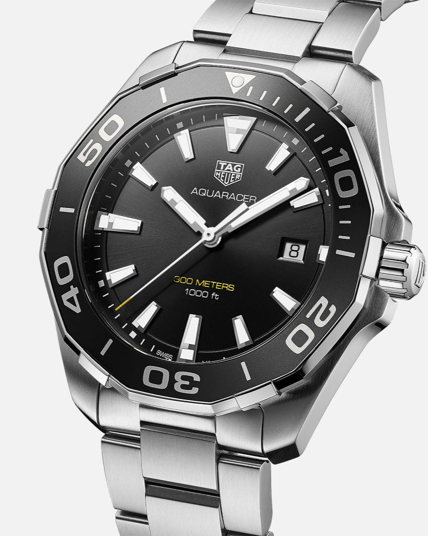 Tag Heuer Aquaracer Quartz Black Dial Silver Steel Strap Watch for Men - WAY101A.BA0746