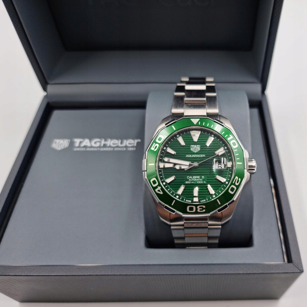 Tag Heuer Aquaracer Calibre 5 Green Dial Silver Steel Strap Watch for Men - WAY201S.BA0927