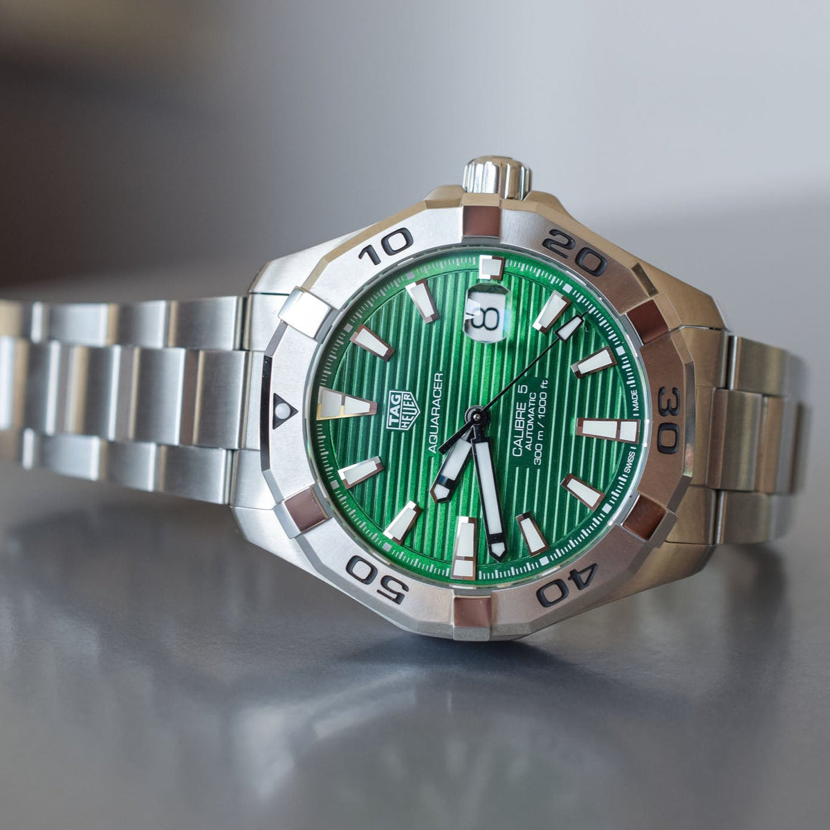 Tag Heuer Aquaracer Calibre 5 Automatic Green Dial Silver Steel Strap Watch for Men - WAY2015.BA0927