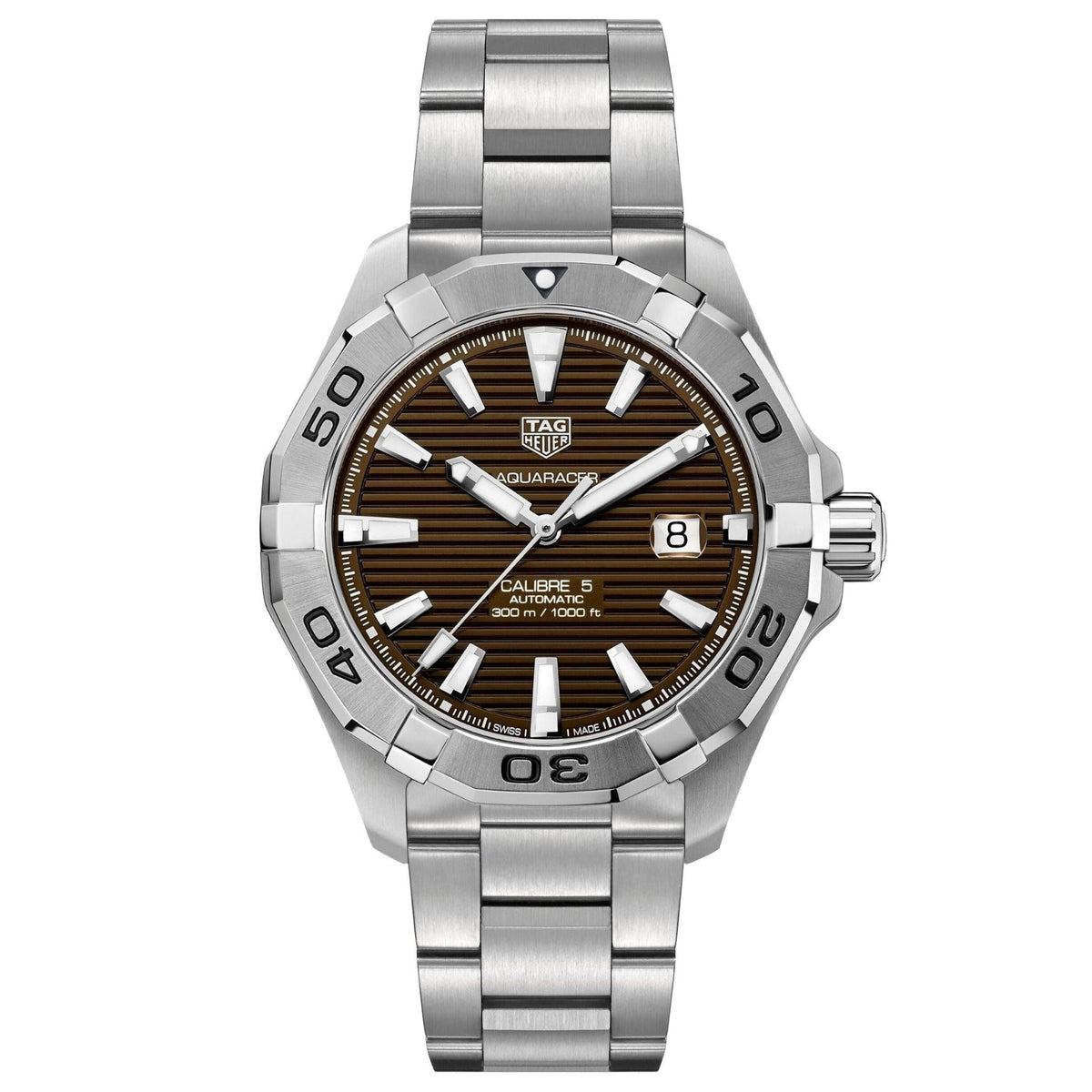 Tag Heuer Aquaracer Calibre 5 Automatic Sunray Brown Dial Silver Steel Strap Watch for Men - WAY2018.BA0927
