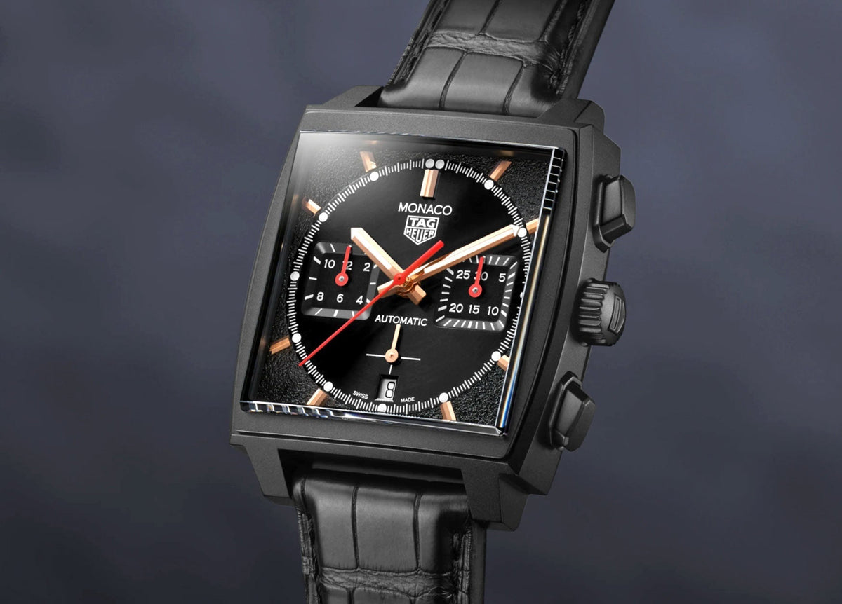 Tag Heuer Monaco Automatic Chronograph Black Dial Black Leather Strap Watch for Men - CBL2180.FC6497