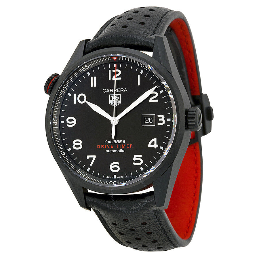 Tag Heuer Carrera Calibre 5 Drive Timer Black Dial Black Leather Strap Watch for Men - WAR2A80.FC6337