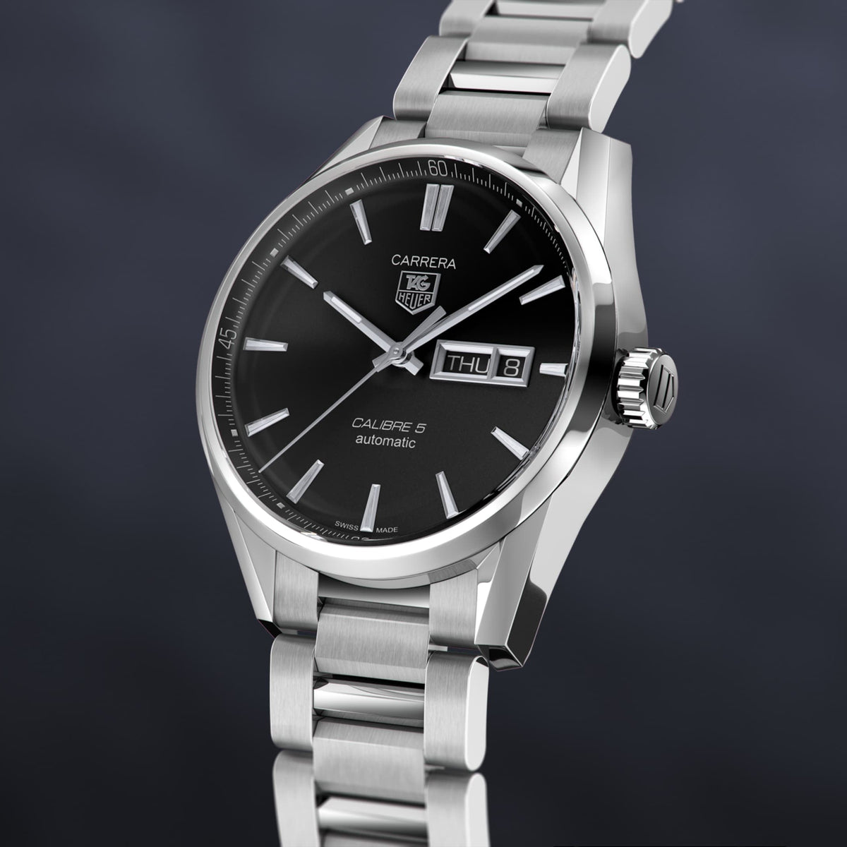 Tag Heuer Carrera Calibre 5 Automatic Black Dial Silver Steel Strap Watch for Men - WAR201A.BA0723