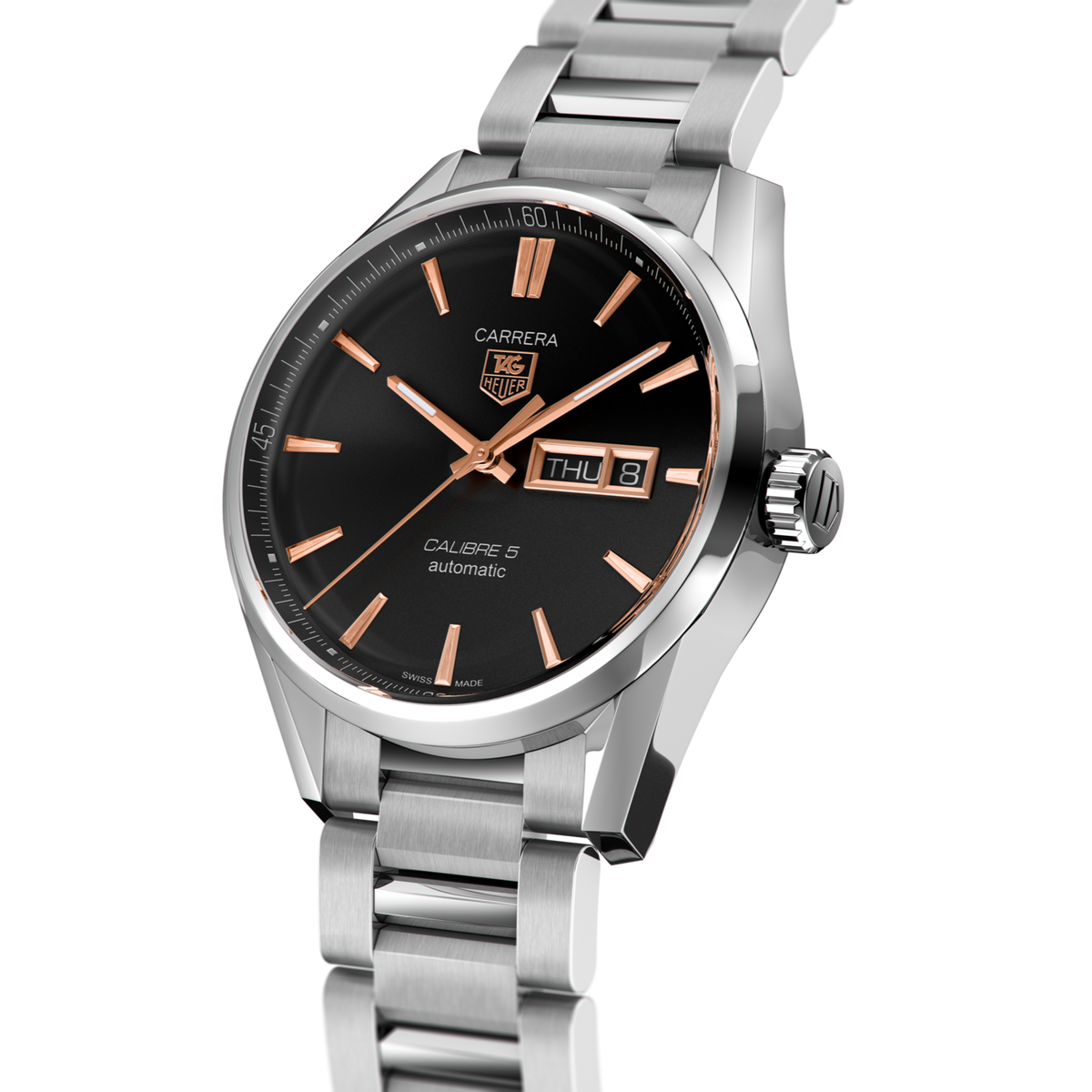 Tag Heuer Carrera Calibre 5 Automatic Black Dial Silver Steel Strap Watch for Men - WAR201C.BA0723