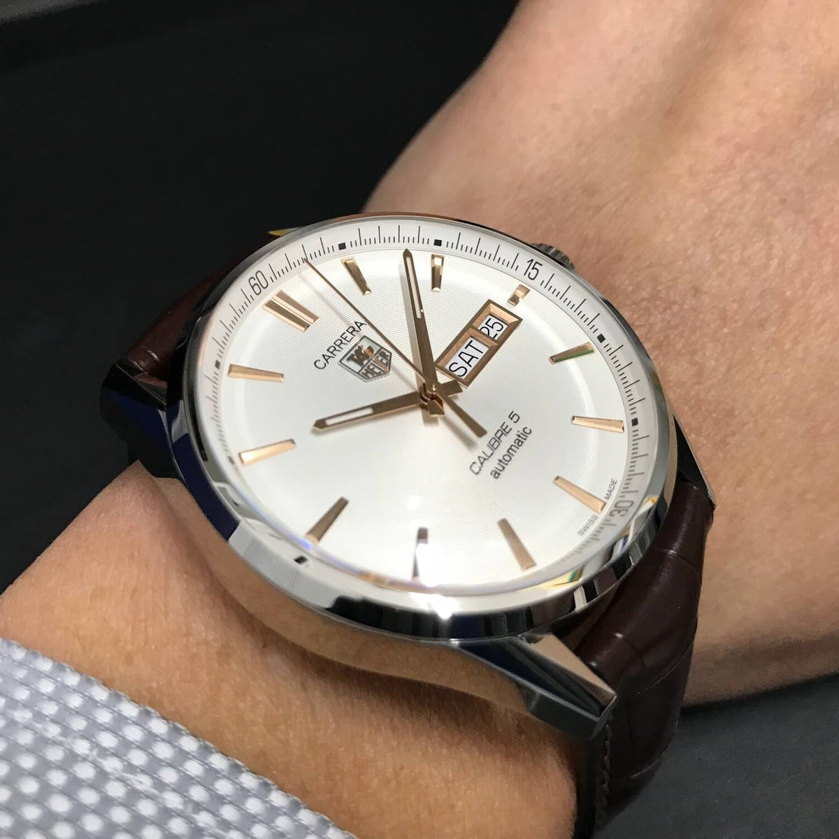 Tag Heuer Carrera Calibre 5 Automatic White Dial Brown Leather Strap Watch for Men - WAR201D.FC6291