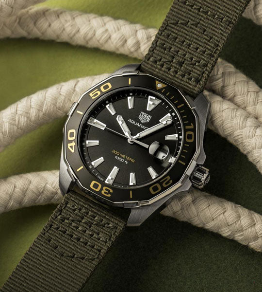 Tag Heuer Aquaracer Black Dial Khakhi Green NATO Strap Watch for Men - WAY101E.FC8222
