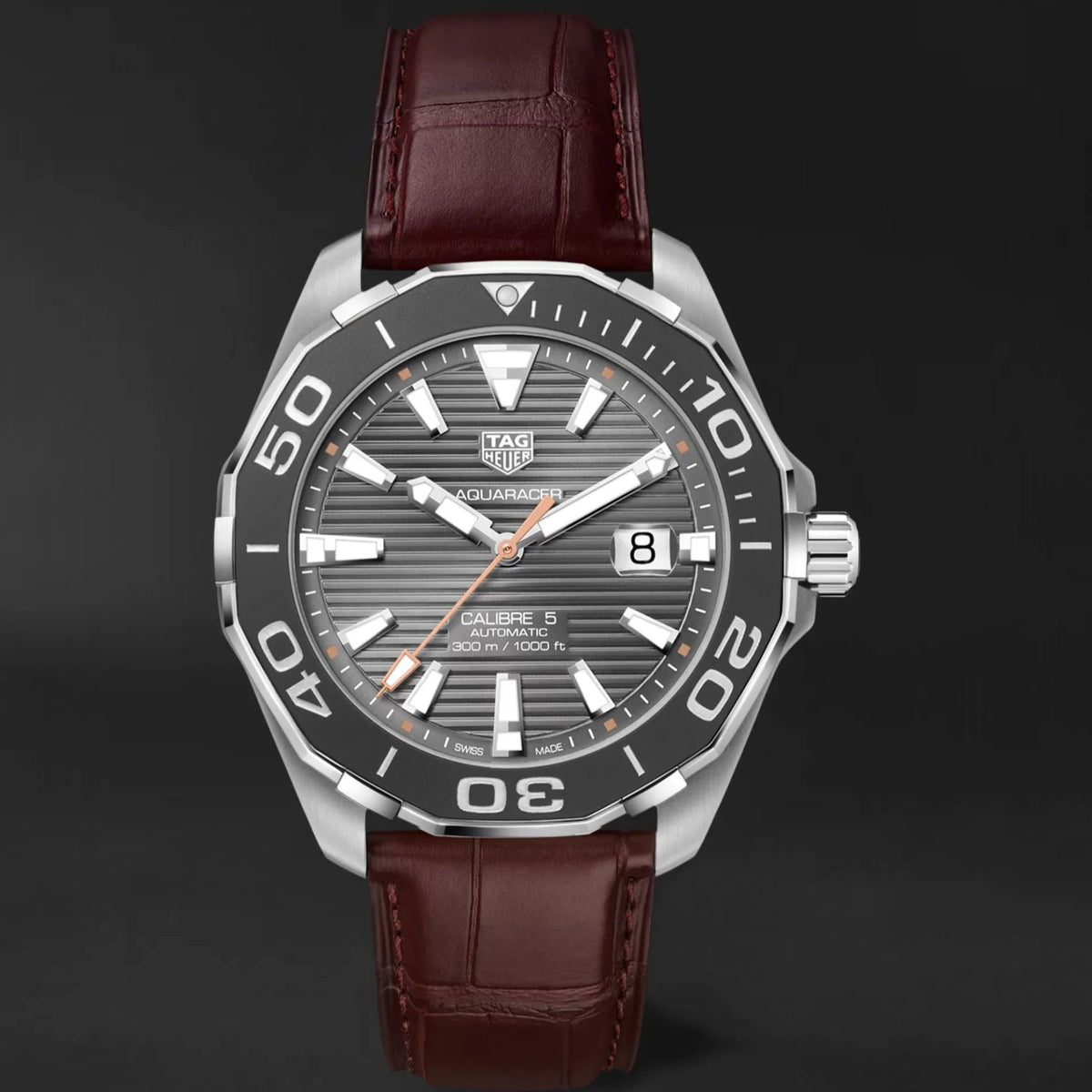 Tag Heuer Aquaracer Caliber 5 Black Dial Brown Leather Strap Watch for Men - WAY201M.FC6474