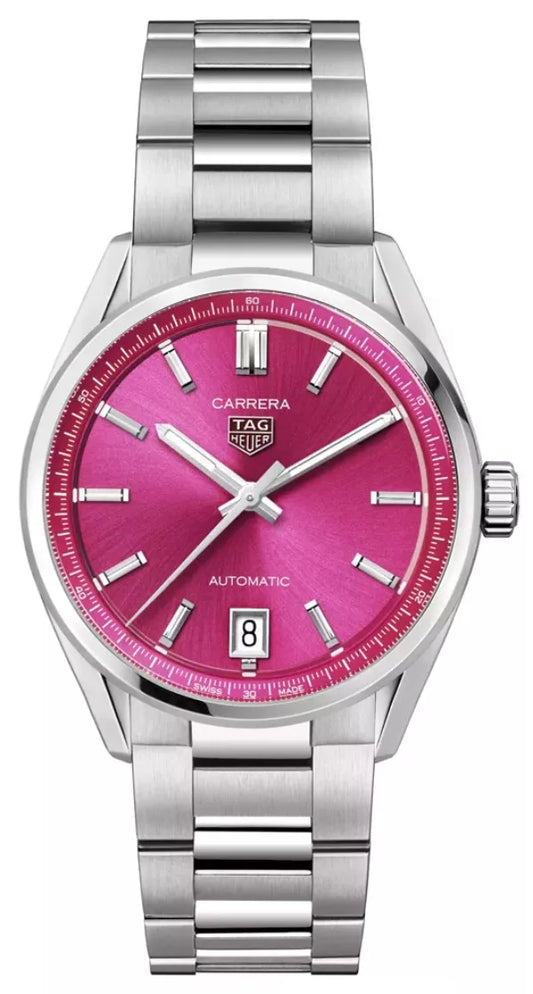 Tag Heuer Carrera Date Automatic 18K Pink Dial Silver Steel Strap Watch for Women - WBN2313.BA0001