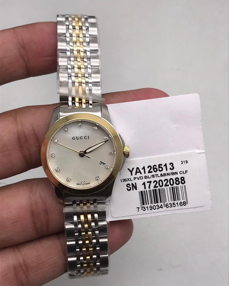 Gucci G Timeless Diamonds Mother of Pearl Dial Two Tone Mesh Bracelet Watch for Women - YA126513