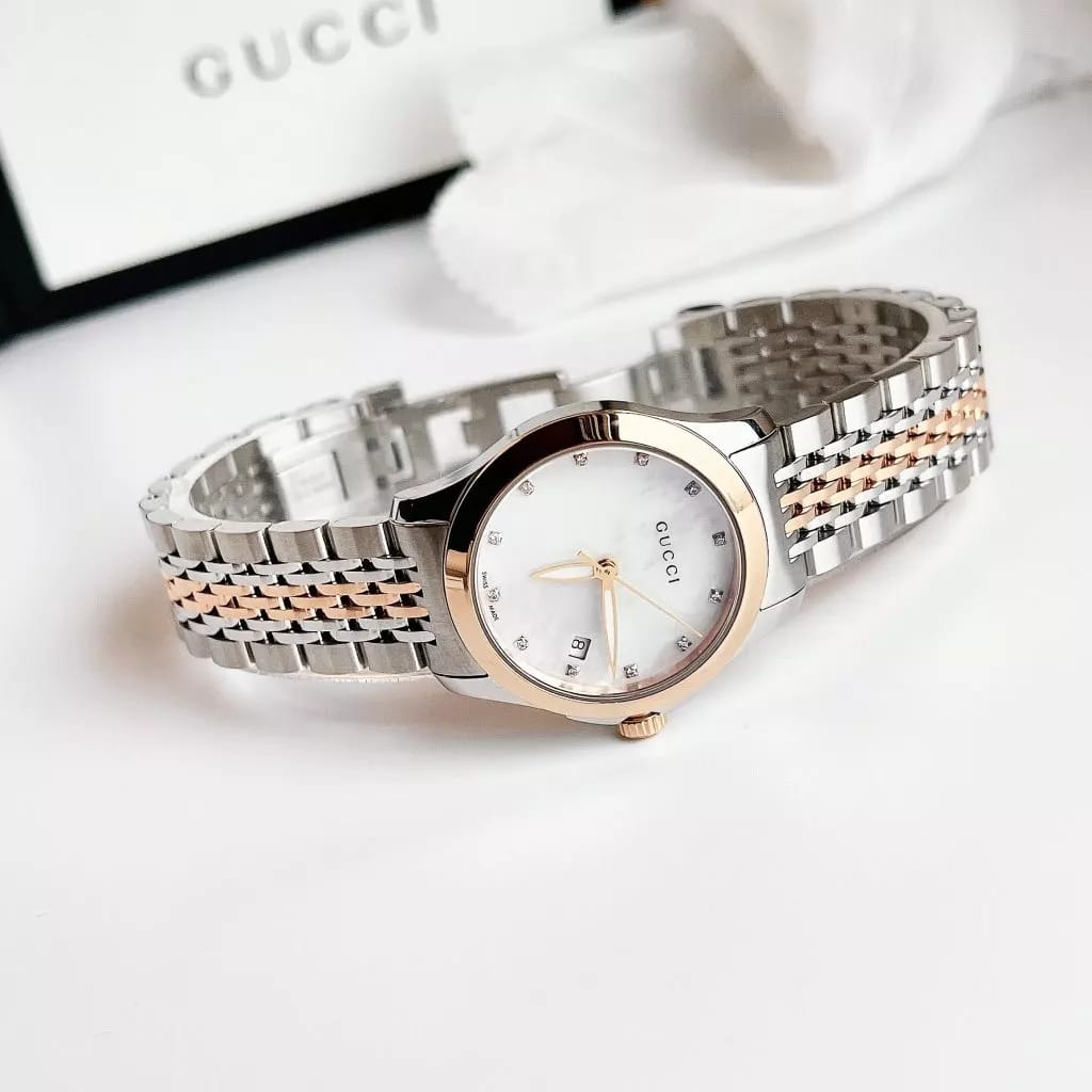 Gucci G Timeless Diamonds Mother of Pearl Dial Two Tone Mesh Bracelet Watch For Women - YA126514