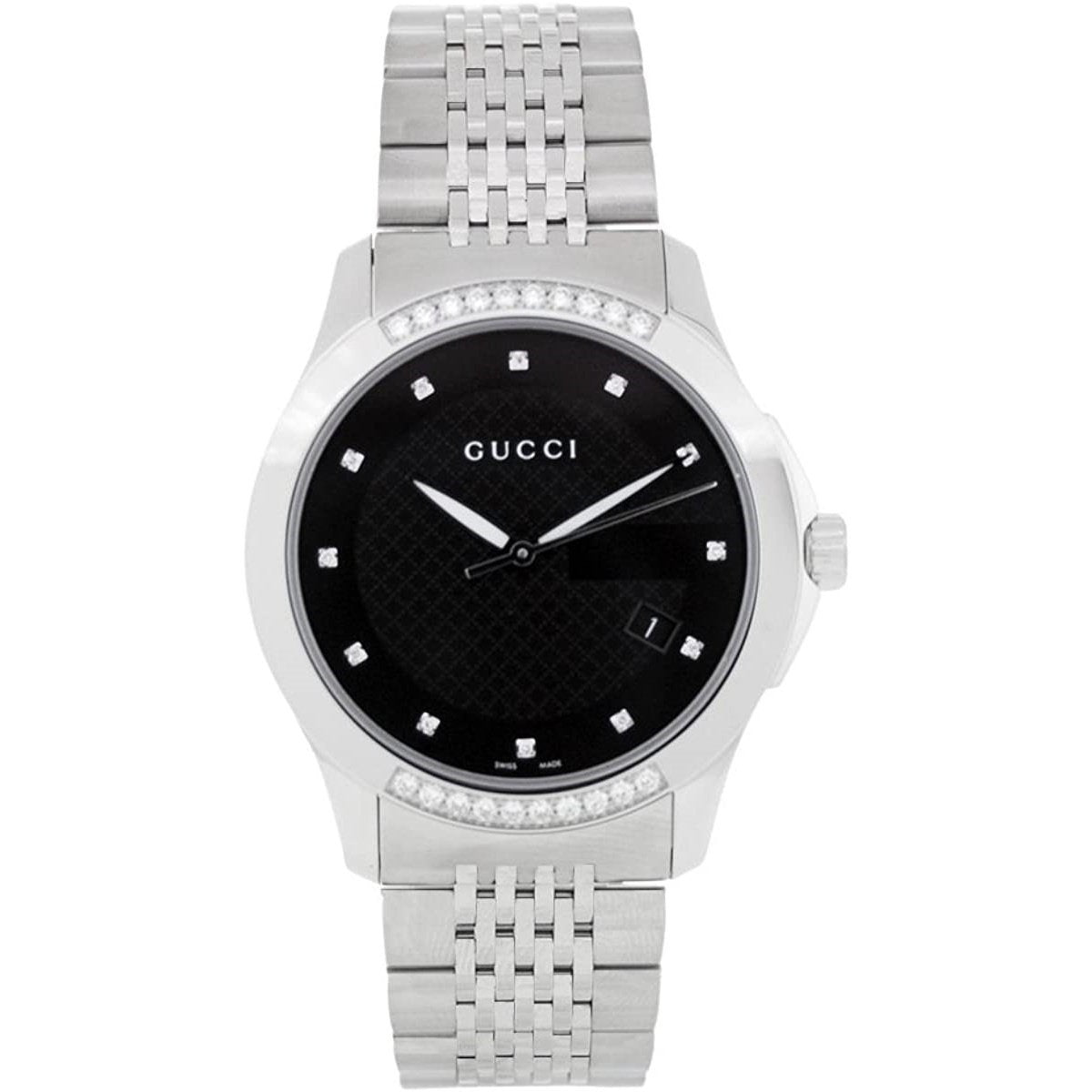 Gucci G Timeless Diamonds Black Dial Silver Steel Strap Watch For Women - YA126408