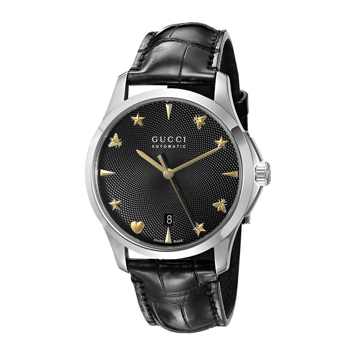 Gucci G Timeless Automatic Black Dial Black Leather Strap Watch For Women - YA126469
