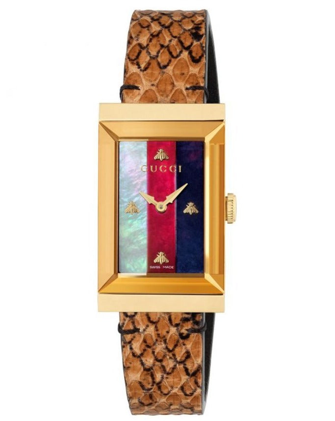 Gucci G-Frame Mother of Pearl Dial Brown Leather Snakeskin Strap Watch For Women - YA147402