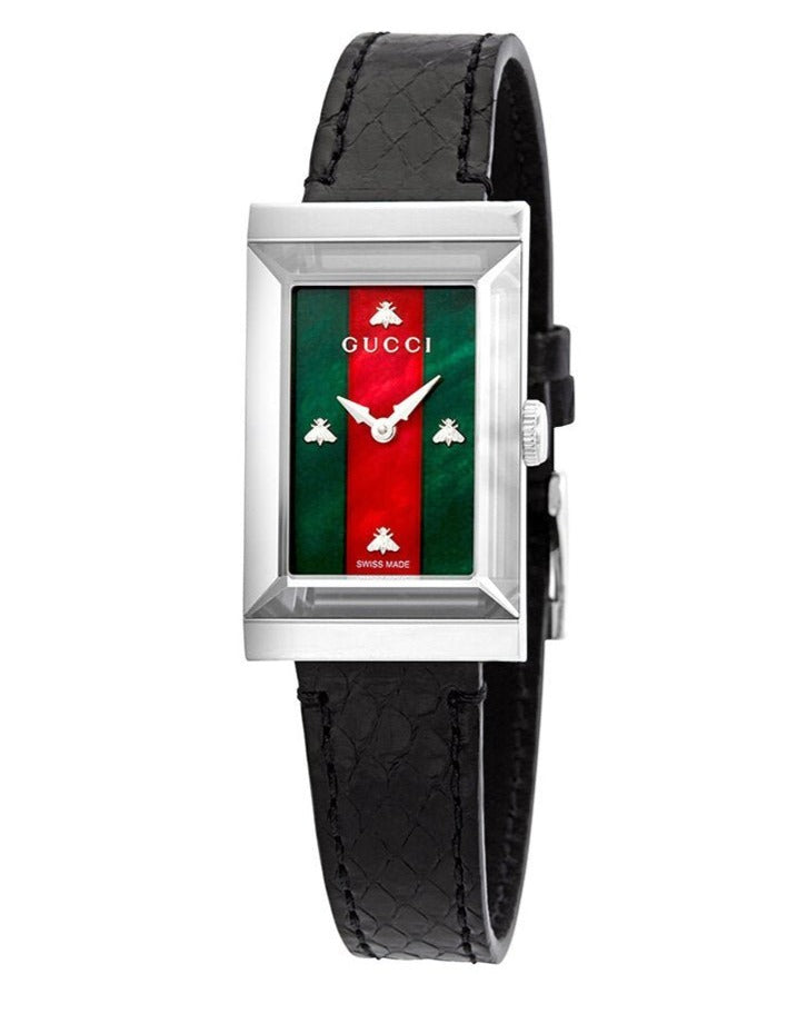 Gucci G-Frame Mother of Pearl Green & Red Dial Black Leather Strap Watch For Women - YA147403