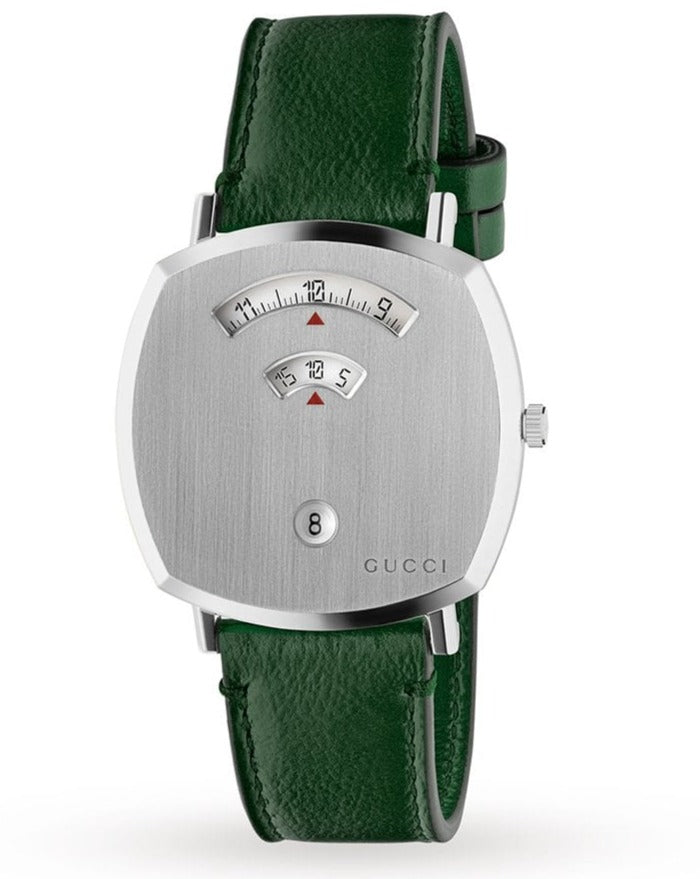 Gucci Grip Silver Dial Green Leather Strap Unisex Watch - YA157412