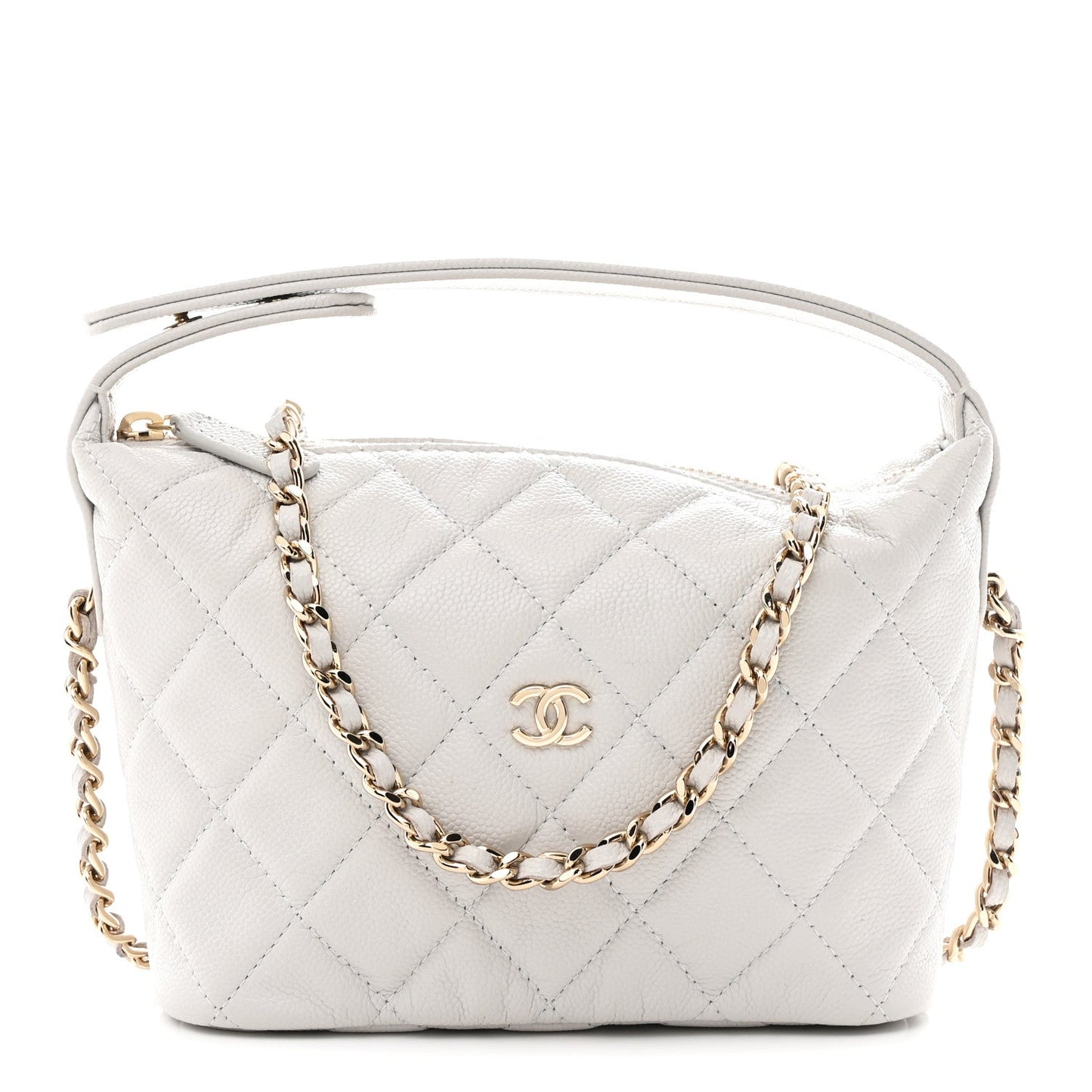 Shiny Caviar Quilted Hobo Clutch With Chain Light Grey