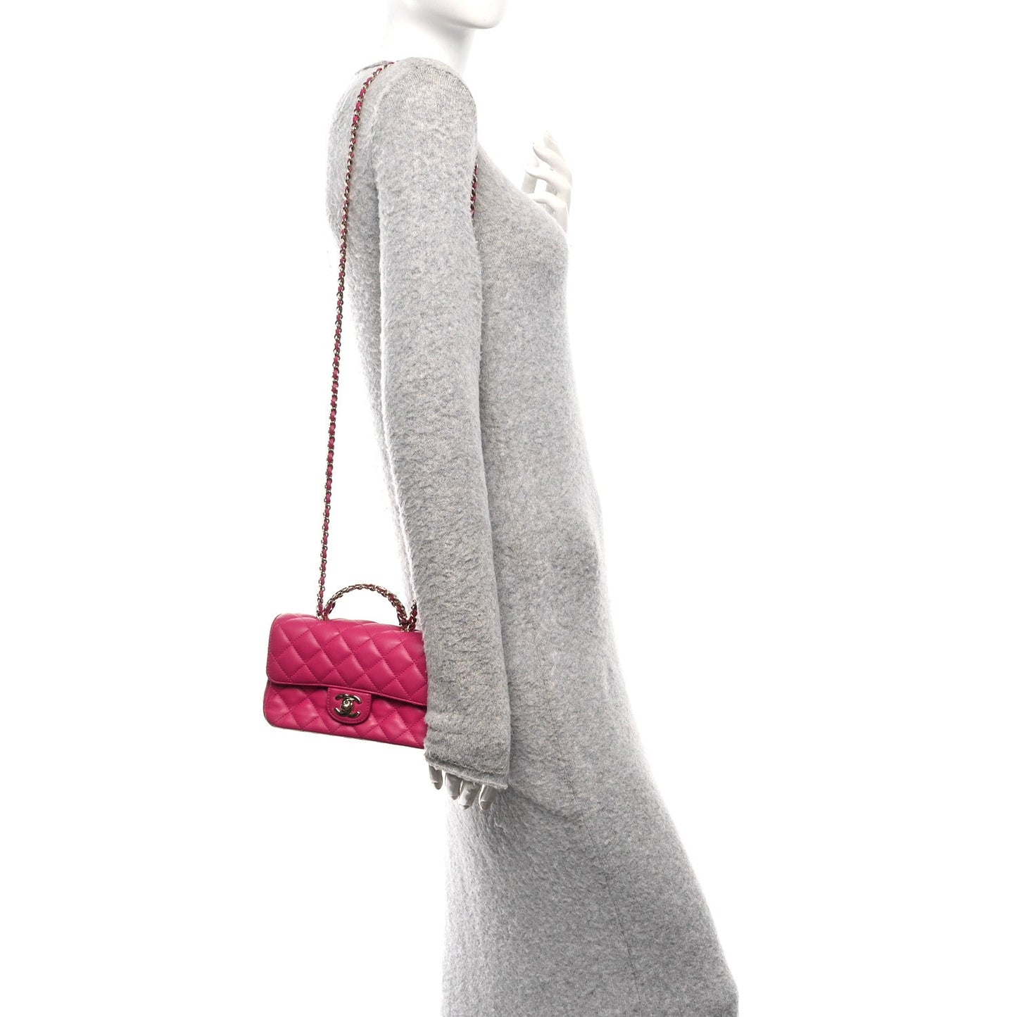 Lambskin Quilted Mini Crystal Top Handle Rectangular Flap Dark Pink
