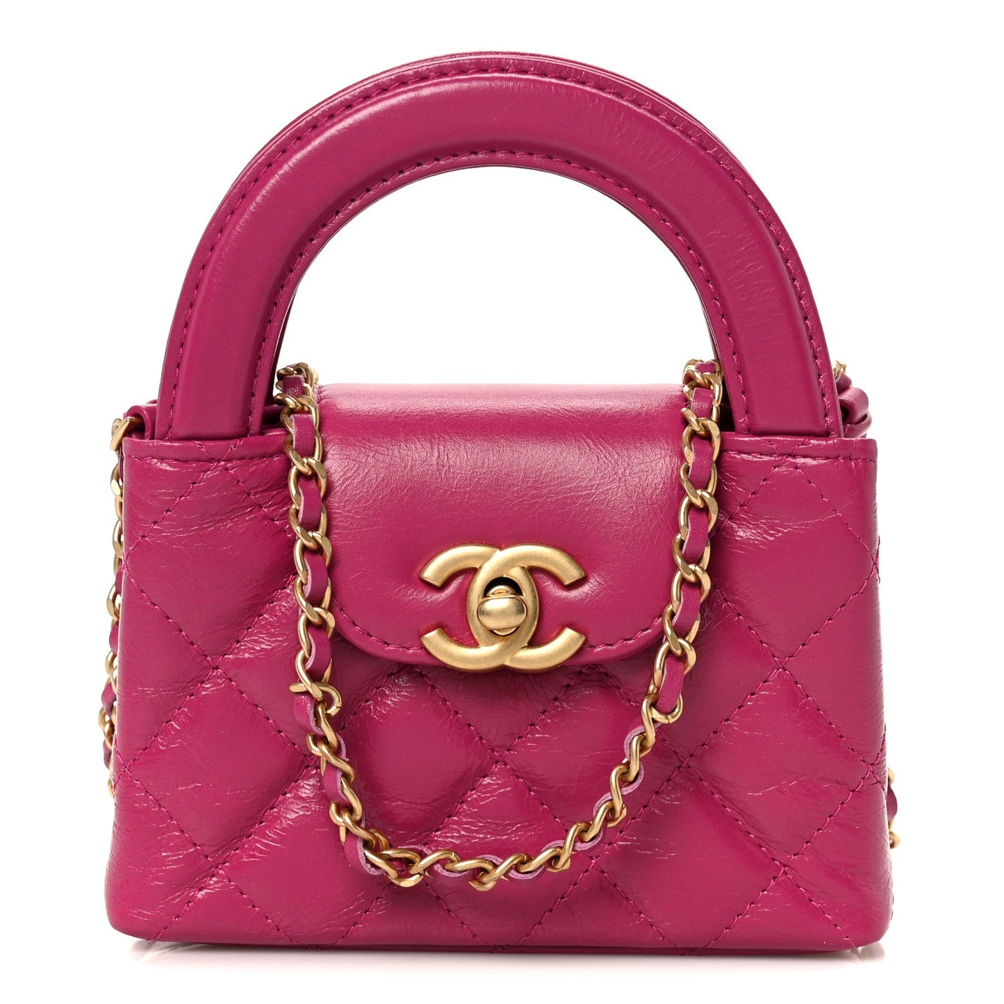 Shiny Aged Calfskin Quilted Mini Nano Kelly Shopper Dark Pink