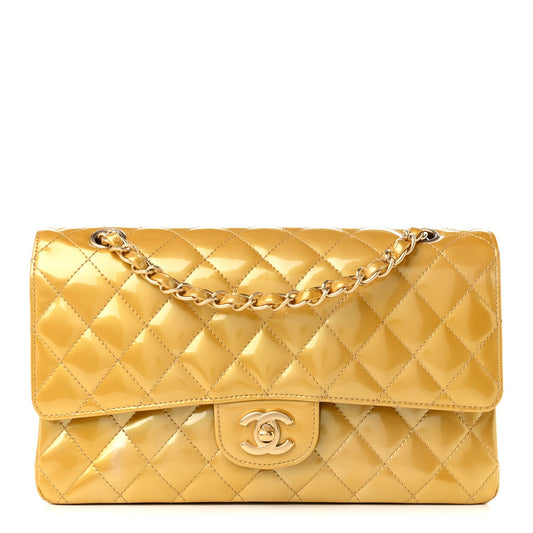 Metallic Patent Quilted Medium Double Flap Gold