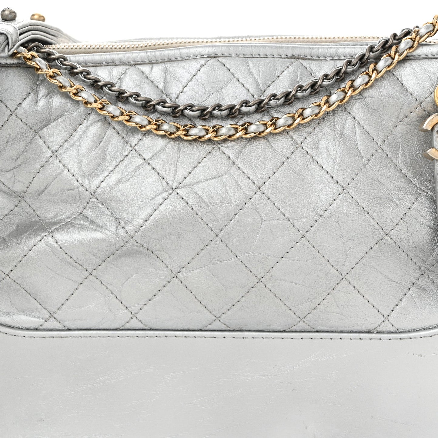 Metallic Aged Calfskin Quilted Medium Gabrielle Silver