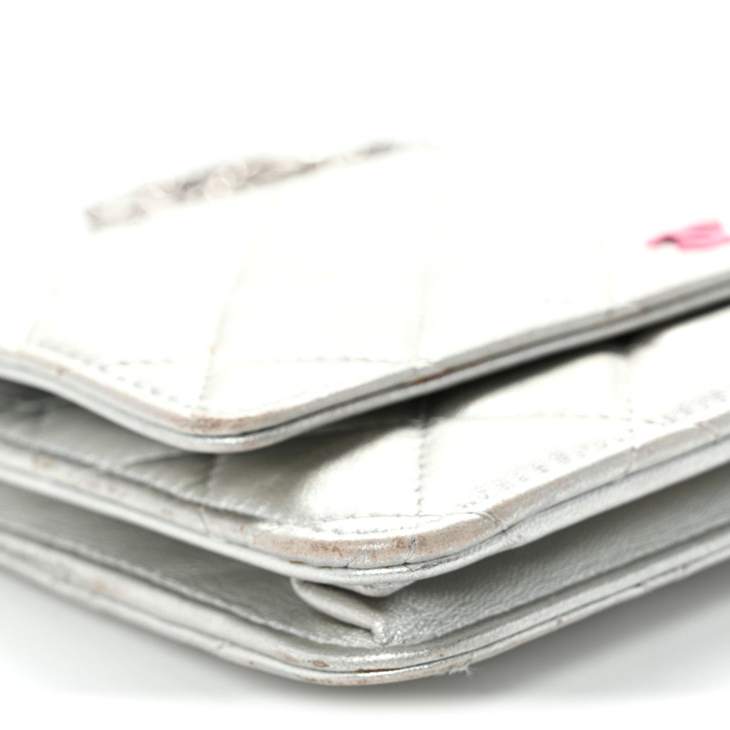 Metallic Lambskin Quilted Wallet On Chain WOC Silver