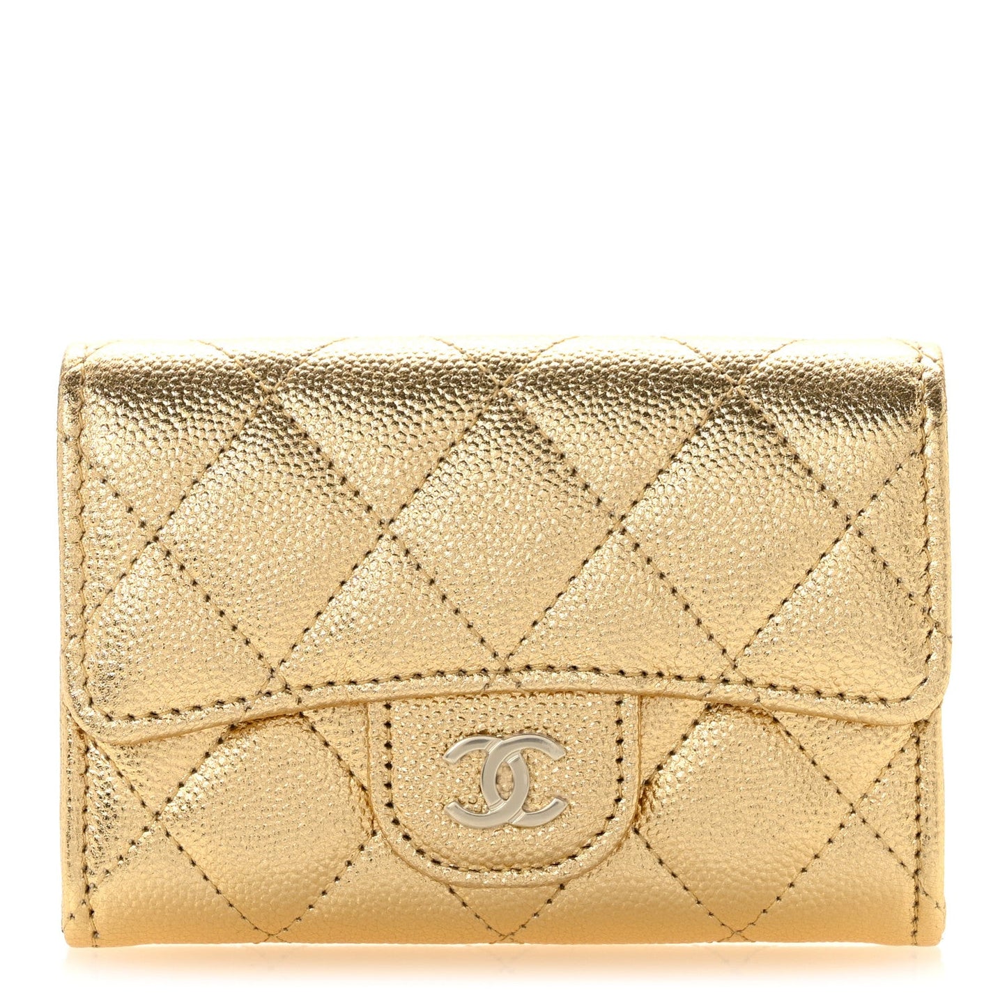 Metallic Caviar Quilted Flap Card Holder Wallet Gold