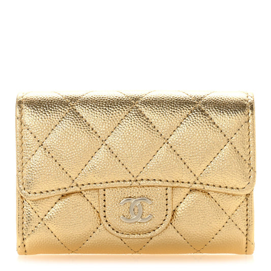 Metallic Caviar Quilted Flap Card Holder Wallet Gold