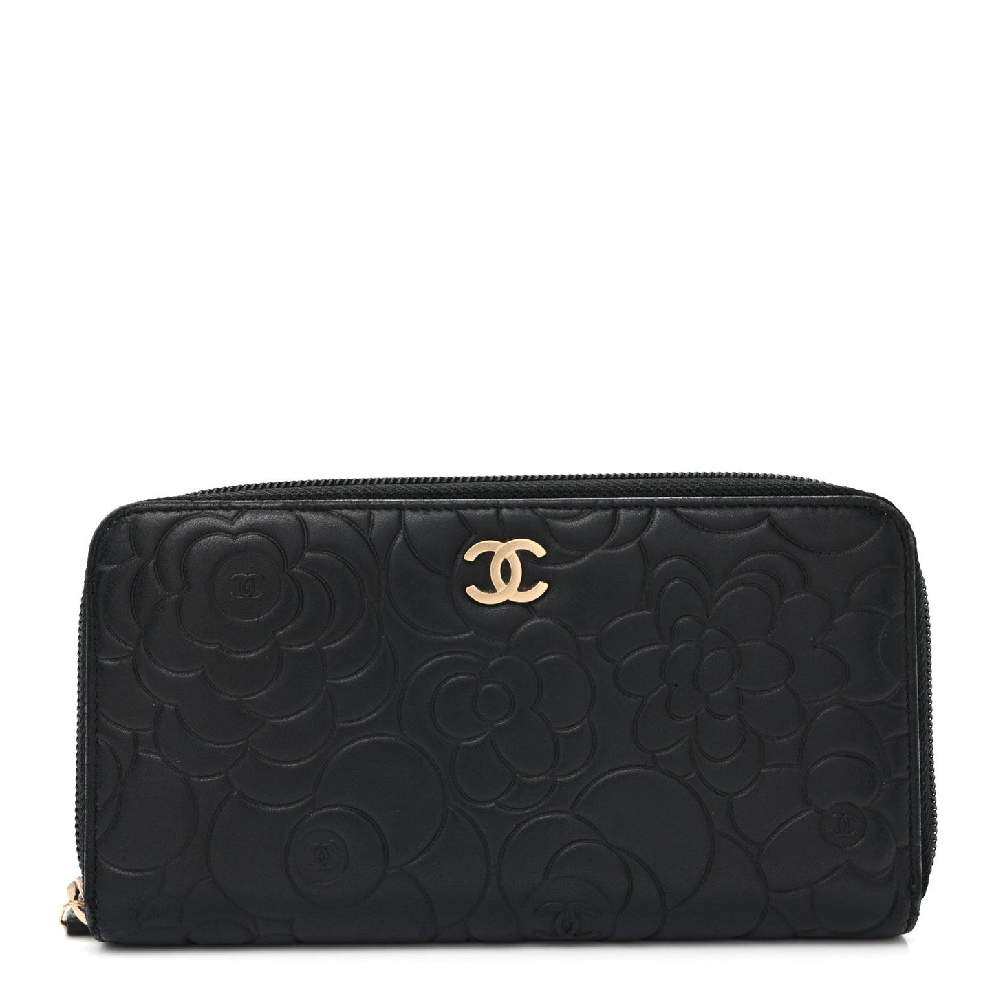 Lambskin Camellia Embossed Large Zip Around Gusset Wallet Black