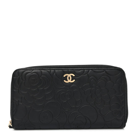 Lambskin Camellia Embossed Large Zip Around Gusset Wallet Black