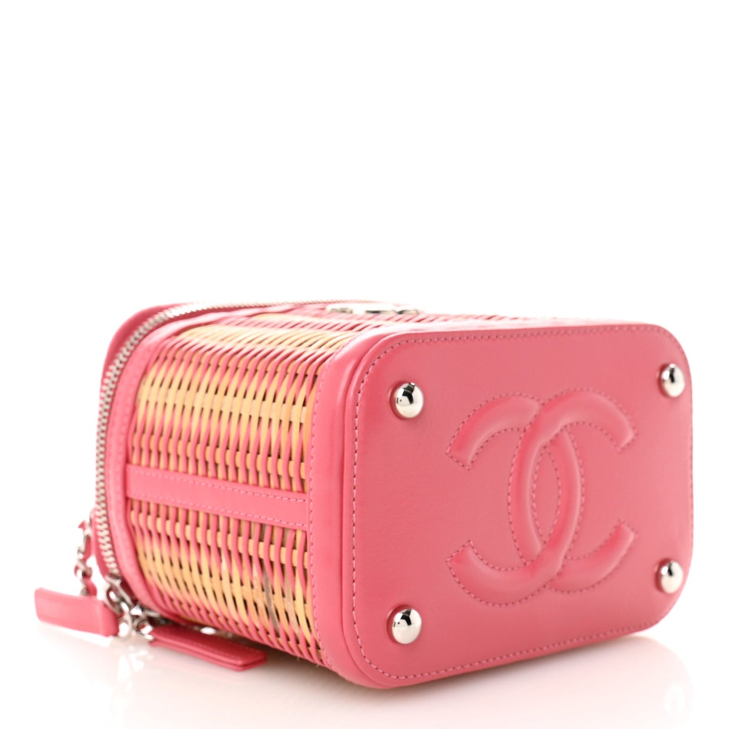 Calfskin Raffia Small Take Away Vanity Case Bag Pink Beige