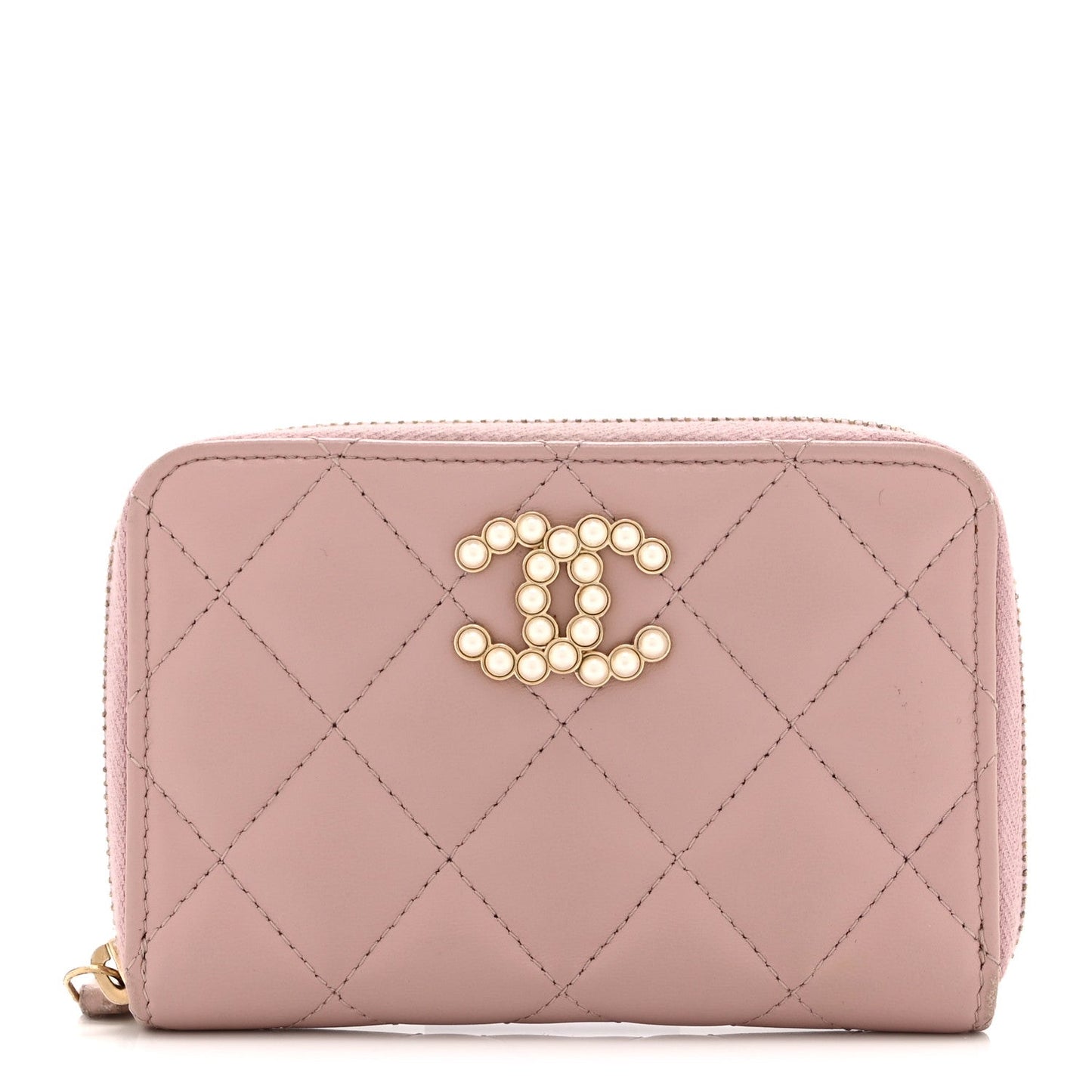 Lambskin Quilted Pearl CC Zip Around Coin Purse Wallet Pink