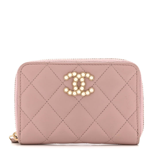 Lambskin Quilted Pearl CC Zip Around Coin Purse Wallet Pink