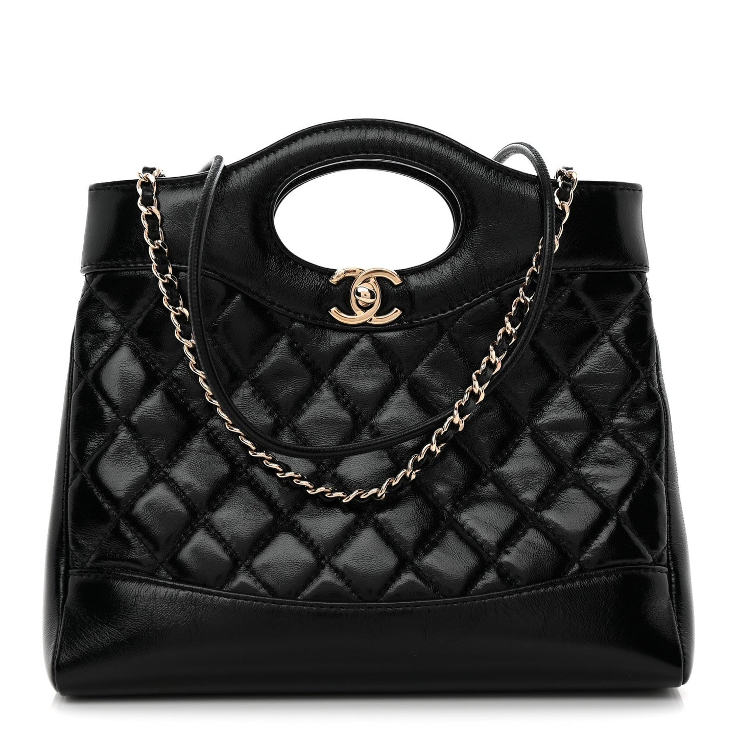 Shiny Lambskin Quilted Mini 31 Shopping Bag Black
