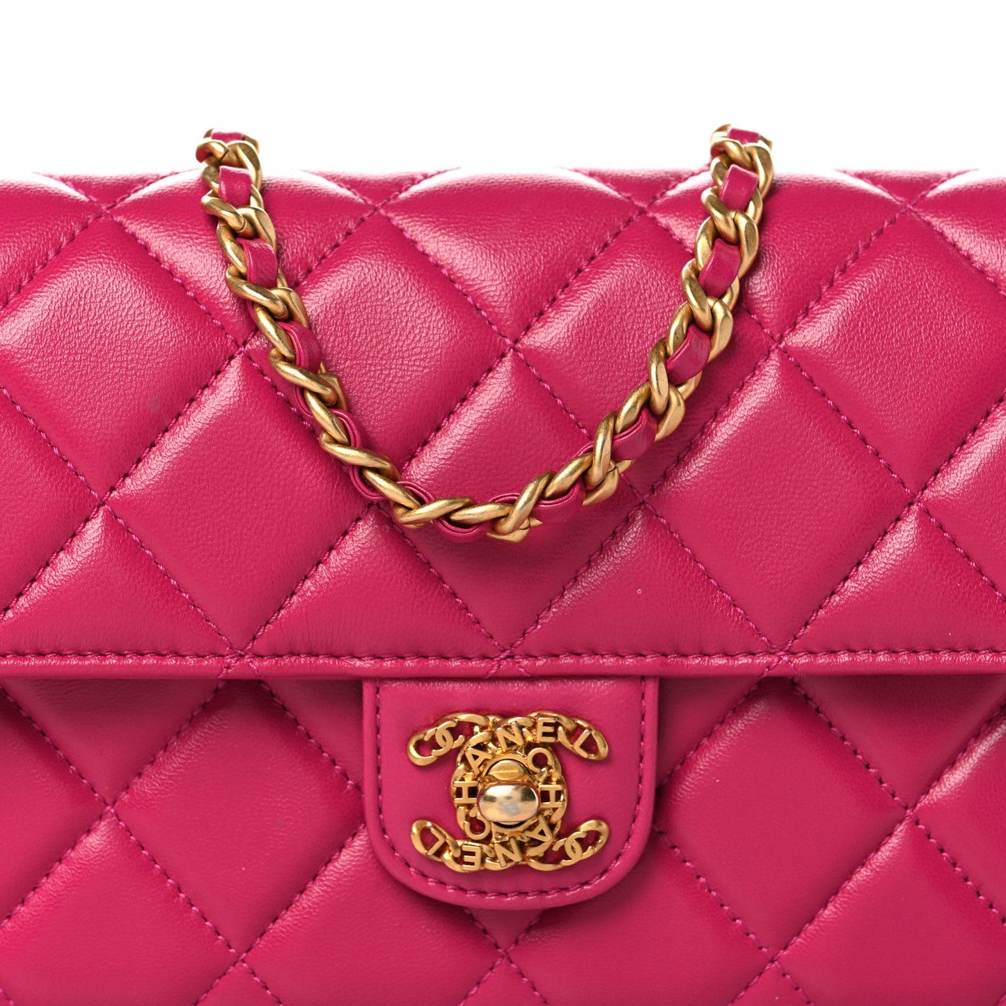 Shiny Lambskin Quilted Flap Clutch Bag Dark Pink