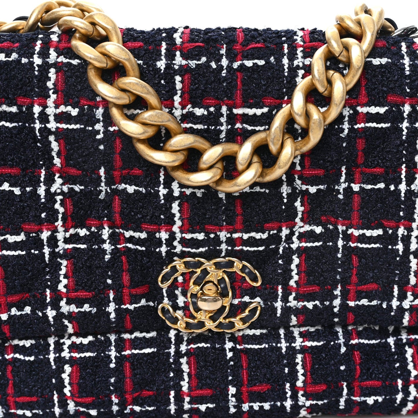 Tweed Quilted Large Chanel 19 Flap Navy Blue White Red