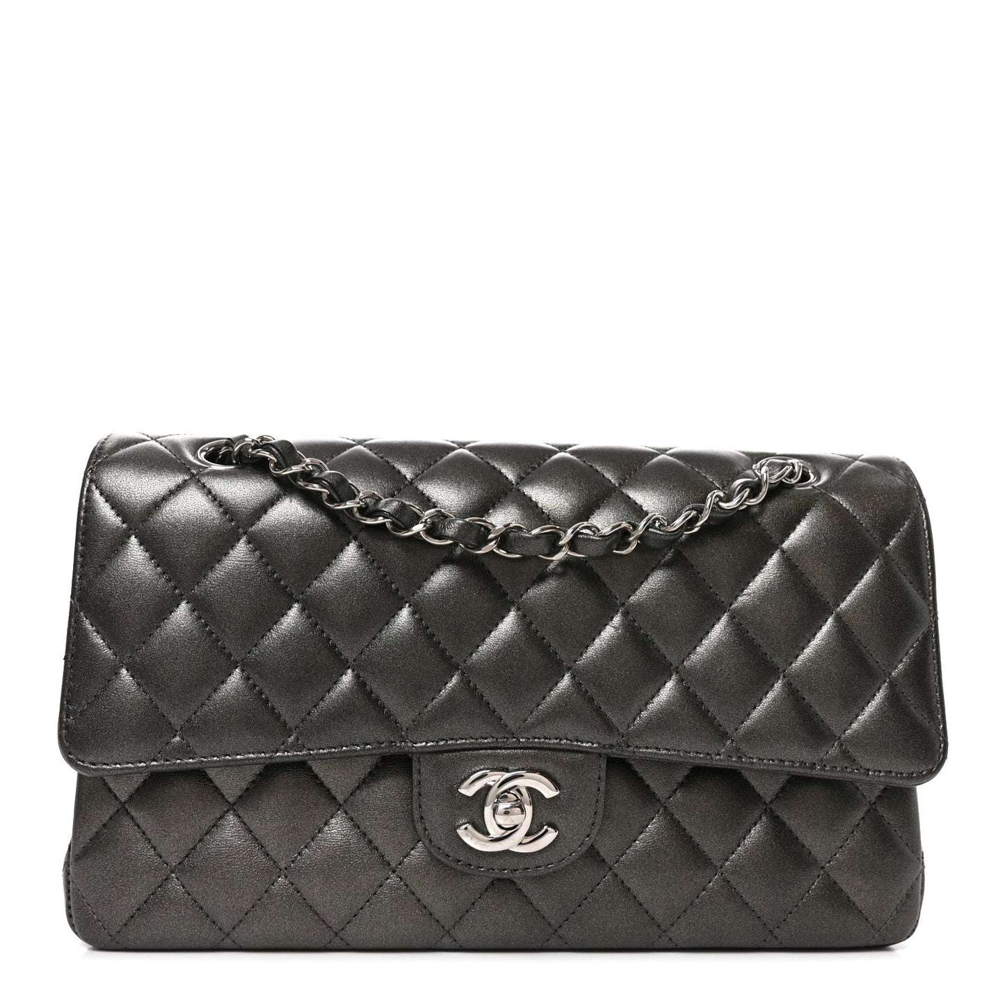 Metallic Lambskin Quilted Medium Double Flap Anthracite