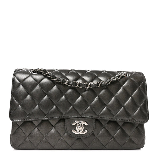 Metallic Lambskin Quilted Medium Double Flap Anthracite