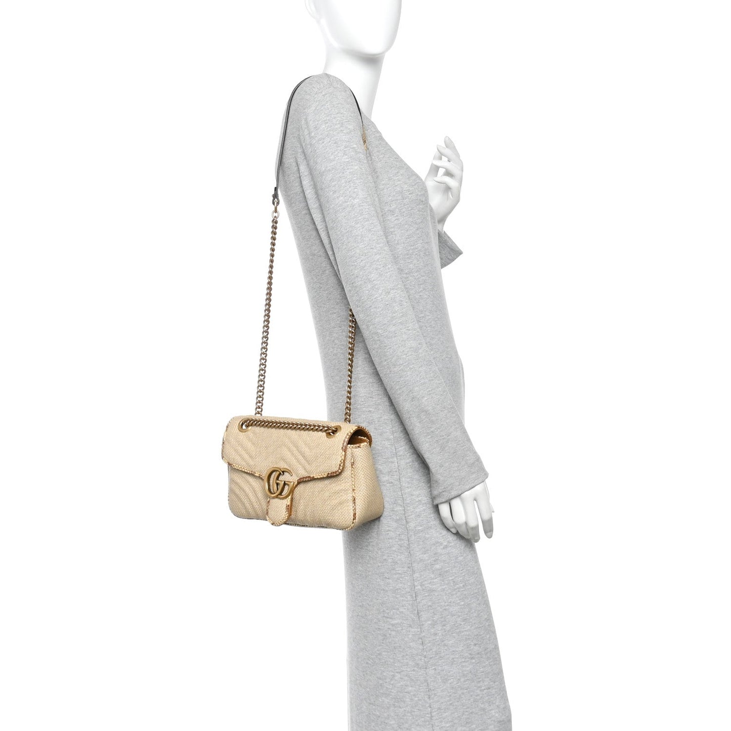 Raffia Elaphe Matelasse Small GG Marmont Shoulder Bag Natural Cream Brown