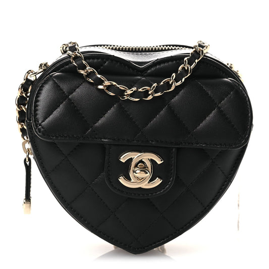 Lambskin Quilted CC In Love Heart Clutch With Chain Black