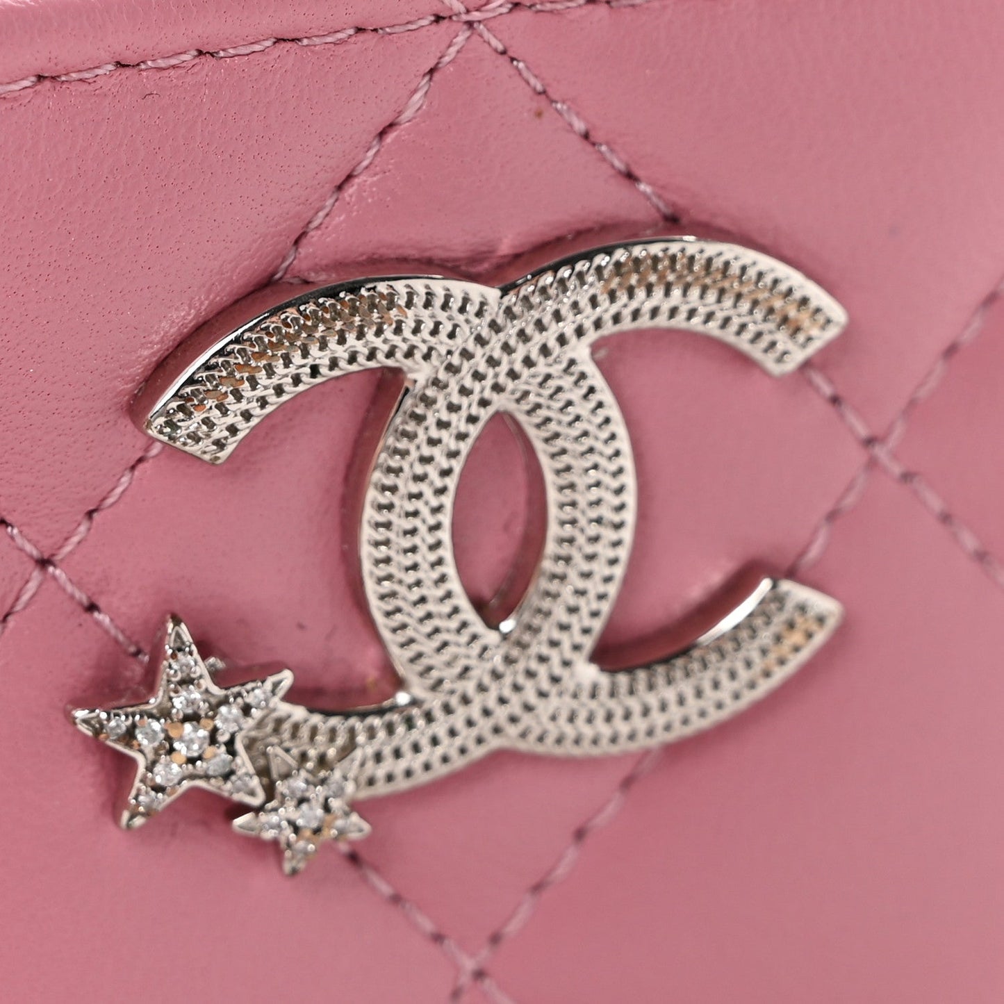 Lambskin Quilted Crystal Star Card Holder Pink