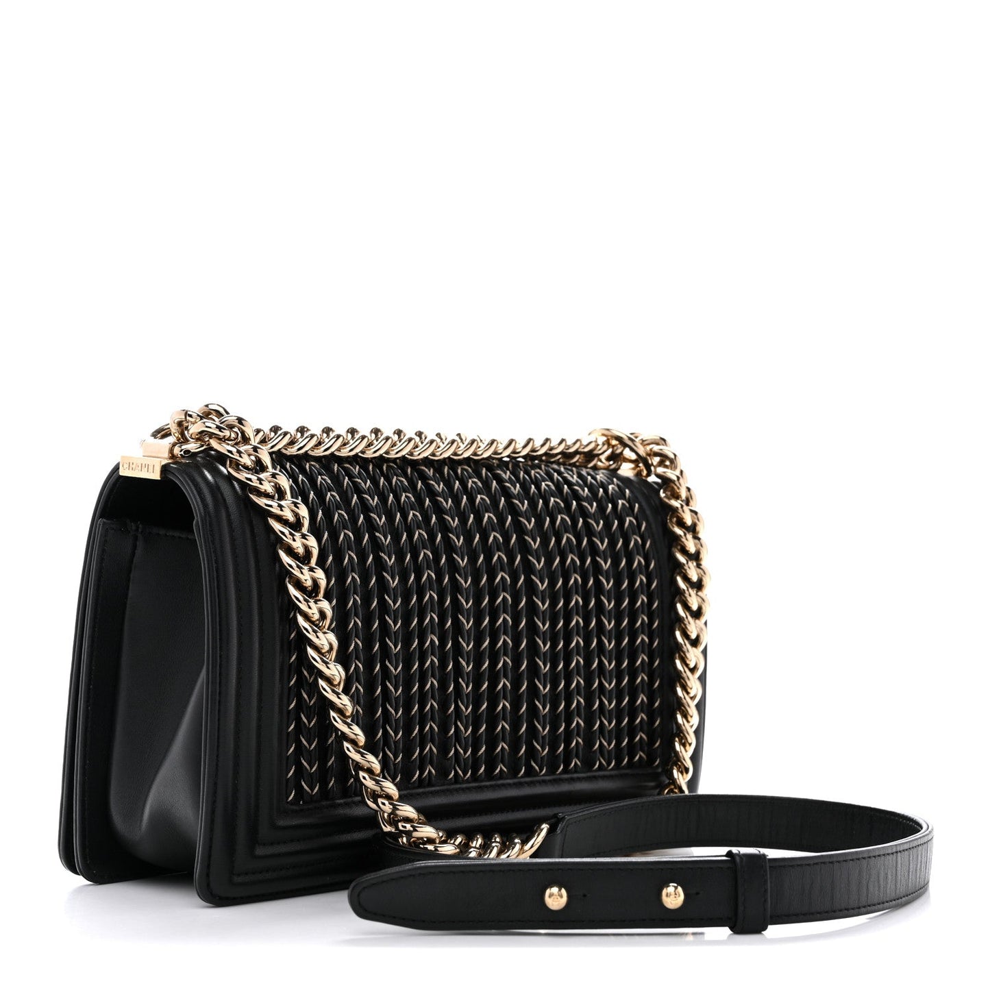 Calfskin Braided Medium Boy Flap Black