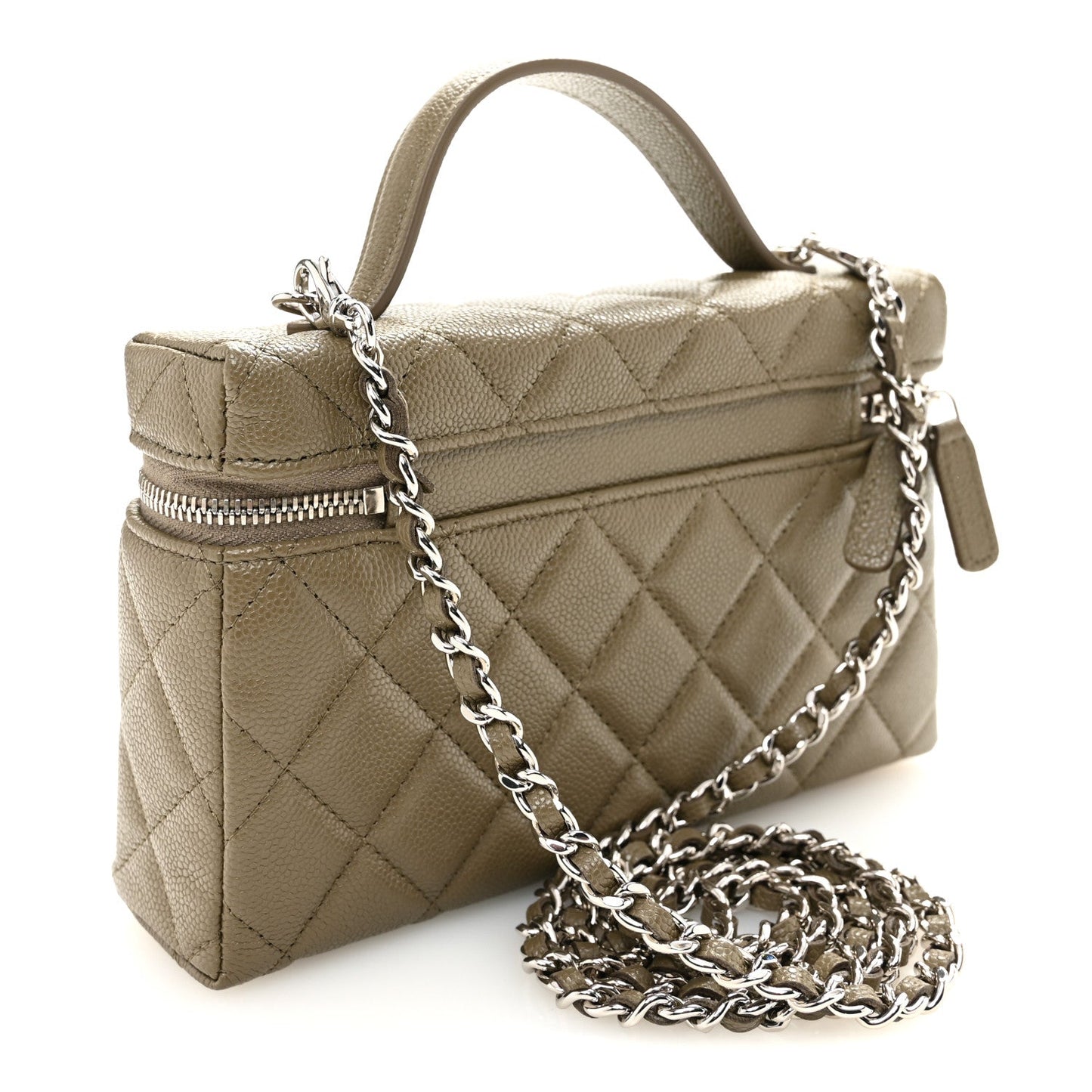 Caviar Quilted Top Handle Slim Vanity With Chain Dark Khaki