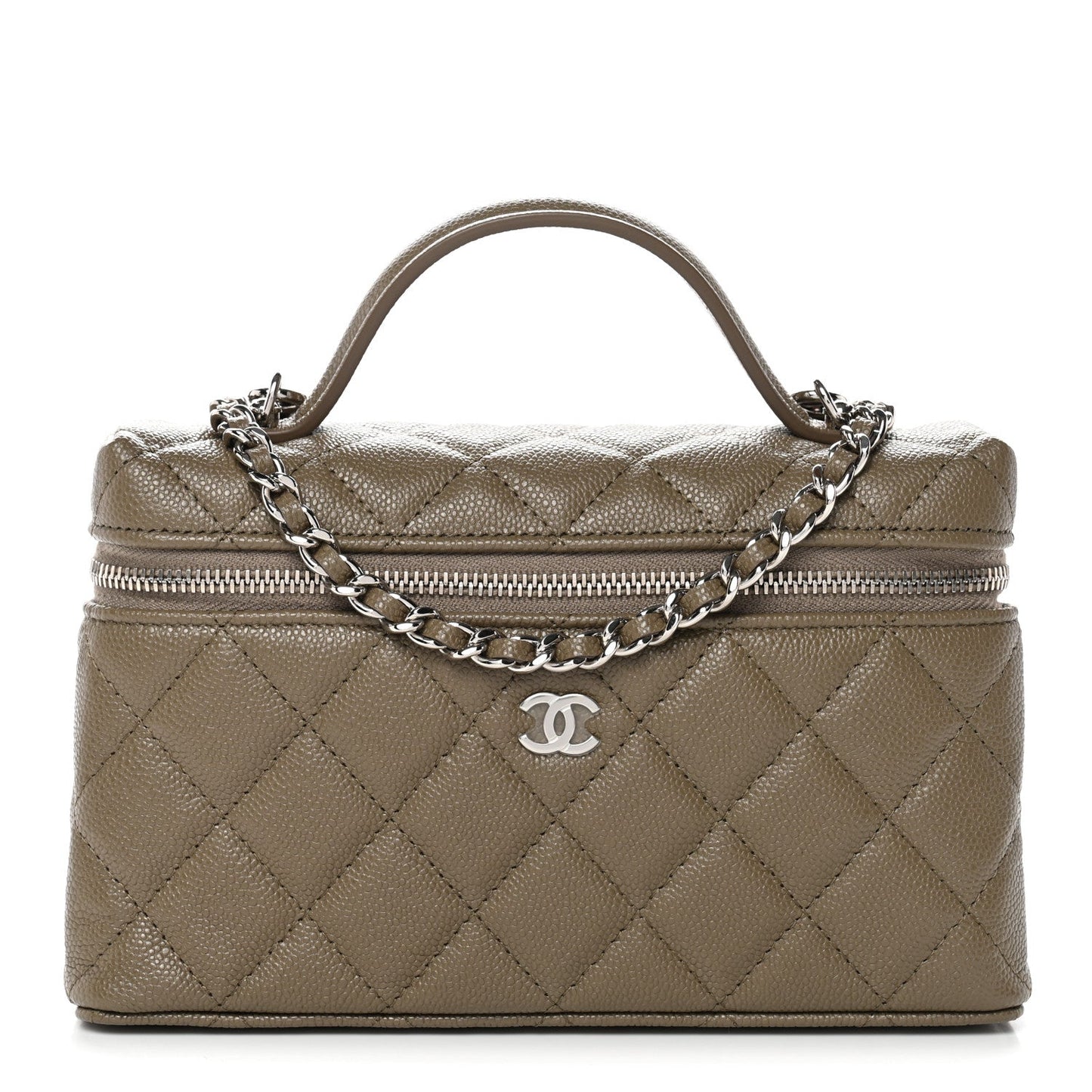 Caviar Quilted Top Handle Slim Vanity With Chain Dark Khaki