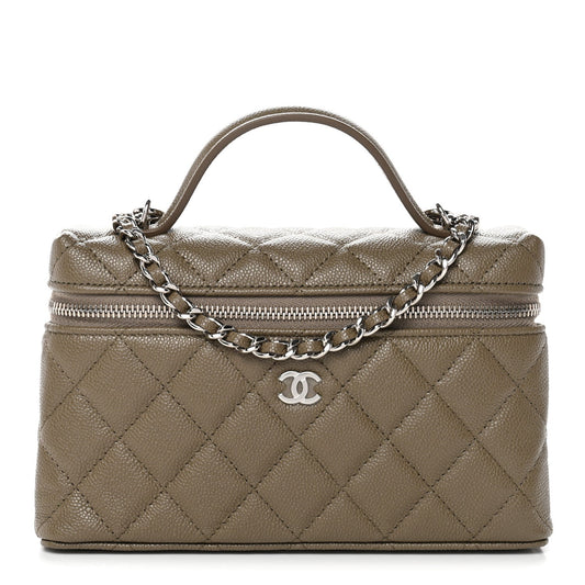 Caviar Quilted Top Handle Slim Vanity With Chain Dark Khaki