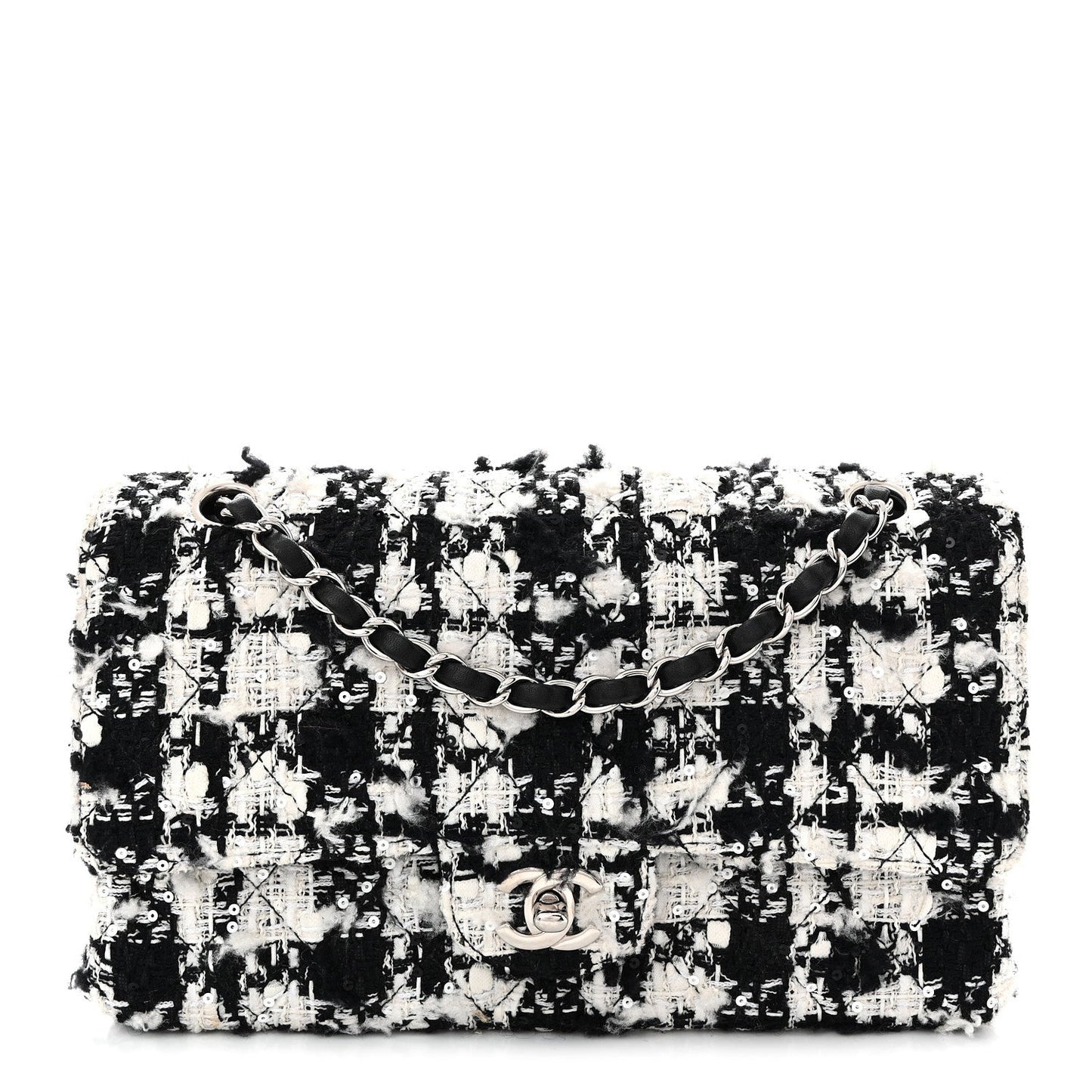 Tweed Sequin Quilted Medium Double Flap Black White
